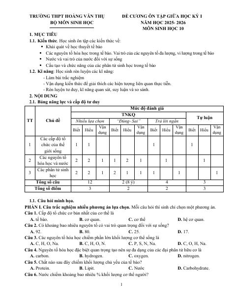 Đề cương ôn tập Giữa kì 1 Sinh học 10 năm 2025–2026 trường THPT Hoàng Văn Thụ (Hà Nội)